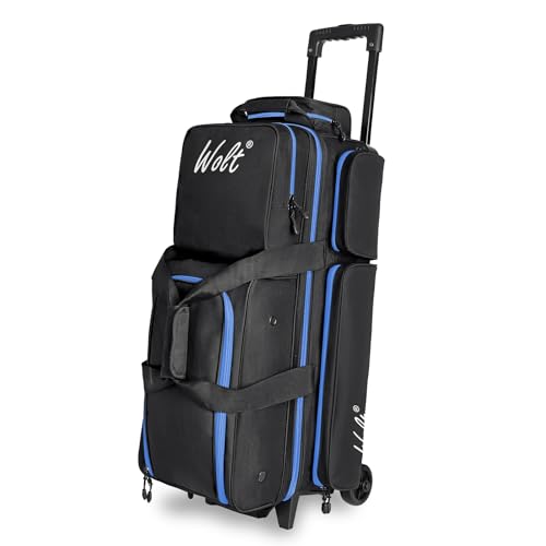 WOLT 3 Ball Bowling Bags with Wheels,Bowling Ball Bag 3 Ball Roller with Separate Shoe Compartment and Accessory Pocket, Retractable Handle Extends to 38’’ - color: Black+blue