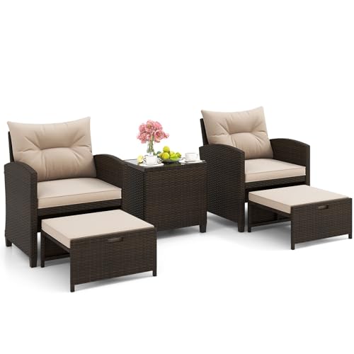 Tangkula 5 Pieces Patio Conversation Set, PE Wicker Rattan Outdoor Furniture Set with 2 Chairs, 2 Ottomans & Tempered Glass Coffee Table, Ideal for Poolside, Backyard, Lawn, Deck (Mix Brown & Beige) - color: Mix Brown & Beige