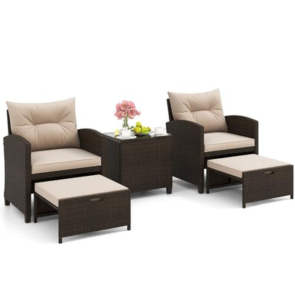 Tangkula 5 Pieces Patio Conversation Set, PE Wicker Rattan Outdoor Furniture Set with 2 Chairs, 2 Ottomans & Tempered Glass Coffee Table, Ideal for Poolside, Backyard, Lawn, Deck (Mix Brown & Beige) - color: Mix Brown & Beige
