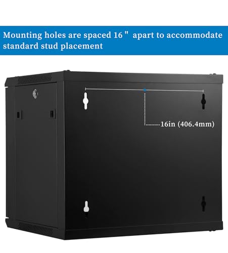 RackPath 9U Wall Mount Network Rack Cabinet – Quiet Cooling Fan, Locking Glass Door, 17.7" Deep (450mm), Removable Locking Side Panels, Fits 19" IT & A/V Equipment - size: 9U
