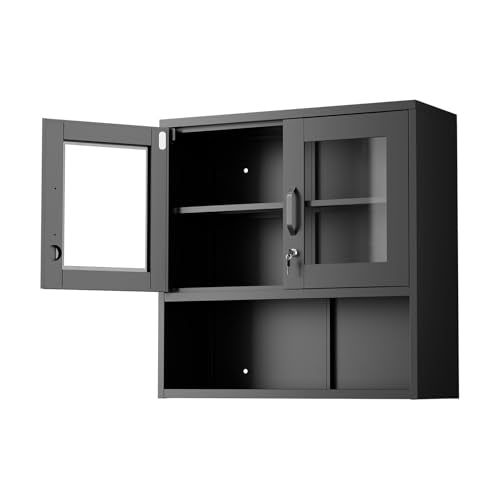 VINGLI Metal Wall Cabinet with Locking Glass Doors & Magnetic LED Sensor Light, Adjustable Shelf, Wall Mounted Storage Display Cabinets for Garage, Kitchen, Home Office, Warehouse, Living Room, Black - color: Black, size: Glass Door Wall Cabinet (Magnetic
