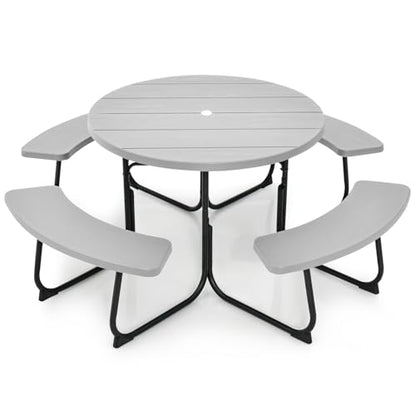Tangkula 8 Person Picnic Table, Outdoor Round Picnic Table with 4 Built-in Benches, Umbrella Hole, Metal Frame & HDPE Tabletop, Outside Table and Bench Set for Backyard, 2300lbs Weight Capacity - color: Grey