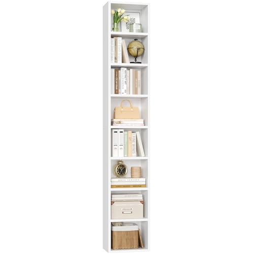 FOTOSOK White Bookshelf 8-Tier Narrow Bookshelf, 11.6 X 9.3 X 70.9 Tall CD DVD Media Tower Rack with 4 Adjustable Shelves, Tall Narrow Bookcase Slim Display Bookshelf with Cube Storage for Home Office - color: White