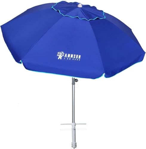 AMMSUN 7ft Heavy Duty HIGH Wind Beach Umbrella with sand anchor & Tilt pole Sun Shelter, UV 50+ Protection Outdoor Sunshade Umbrella with Carry Bag for Patio Garden Beach Pool Backyard Blue - color: Solid Blue