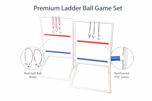 Premium Da Ladder Ball Set, Outdoor Lawn Toss with Real Golf Ball Bolas, PVC Frame, Carrying Bag, Red White and Blue, Made in USA