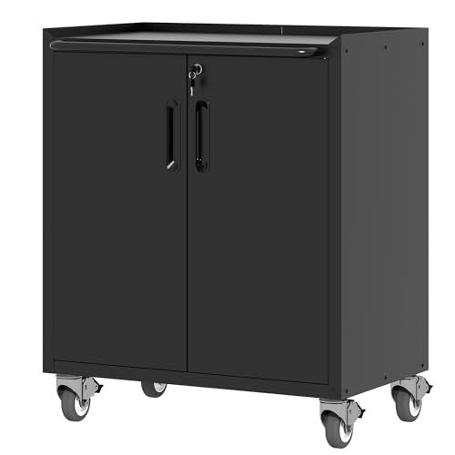 Metal Storage Cabinet with Wheels, Lockable Garage Storage Cabinet with Doors and Shelves, Rolling Tool Cabinet, Assembly Required, Black - color: Black, style: 2 Doors
