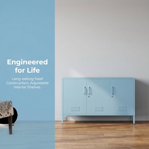 32" Wide 3-Door Lockable Metal Storage Cabinet with Accent Cabinet Locker, Heavy Duty Home Tool Cabinet, 2 Removable Shelves & Easy Assembly, for Home, Office, Entryway and Hallway Blue - color: Ocean, style: Cabinet-32"H-WL