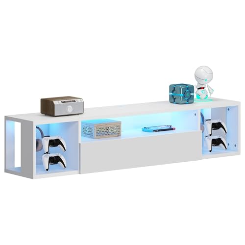 55" White TV Gaming Console with LED Lights 4 Controller Hooks 2 Headphone Hooks, Hidden Storage Cabinet, 30KG Top Load Capacity