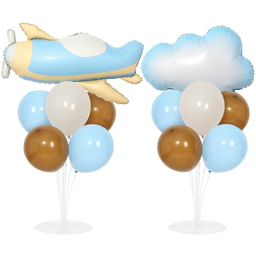 Airplane Baby Shower Birthday Party Decorations Balloons Stand Kit 2 Sets with 2 Airplane Cloud Foil Balloons Baby Boy Shower Balloon Centerpiece for Table for Kid Time Flies 1st Birthday Party Decor - style: Airplane Cloud