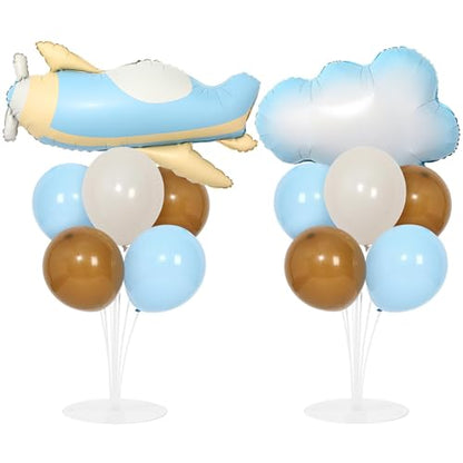 Airplane Baby Shower Birthday Party Decorations Balloons Stand Kit 2 Sets with 2 Airplane Cloud Foil Balloons Baby Boy Shower Balloon Centerpiece for Table for Kid Time Flies 1st Birthday Party Decor - style: Airplane Cloud