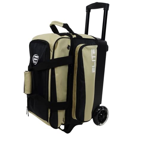 ELITE Deluxe 2 Ball Bowling Bag with 5" Smooth Wheels - Large Accessory Pocket, Shoe Compartment, 36" Extendable Handle - color: Sand/Black