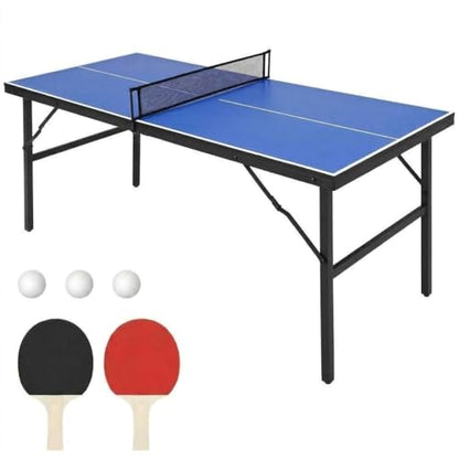 Portable Collapsible Ping Pong Table 60x26x27.5 in - Waterproof Table Tennis Set for Indoor & Outdoor - Includes Net, 2 Paddles, 3 Balls - Lightweight, Easy Assembly - Blue (New Blue)