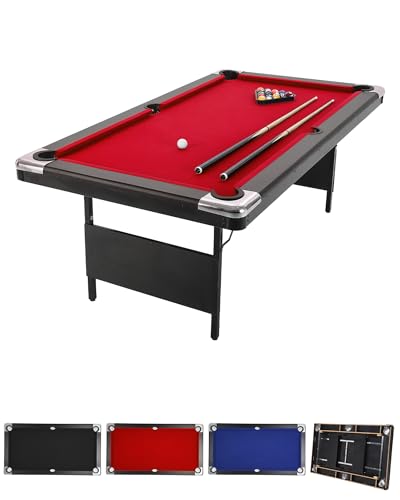 6,7 Foot Foldable Pool Table, Portable Billiards Table with Full Accessories Set, No Assembly, Metal k-Shaped Legs, Includes 16 Balls, 2 Cue Sticks, Chalk, Rack & Brush, Game Room Table for Home, Apar - size: Red-7FT