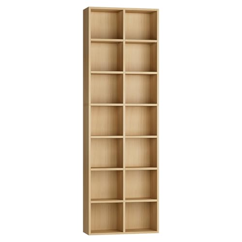 FOTOSOK 71'' Tall Bookshelf with 14 Cubes, 7 Tier Double Wide Wood Bookshelf with 6 Adjustable Shelves, 19.6" Narrow Bookcase DVD/CD Media Storage, Space Saving Display Shelf Cabinet, Natural - color: Natural