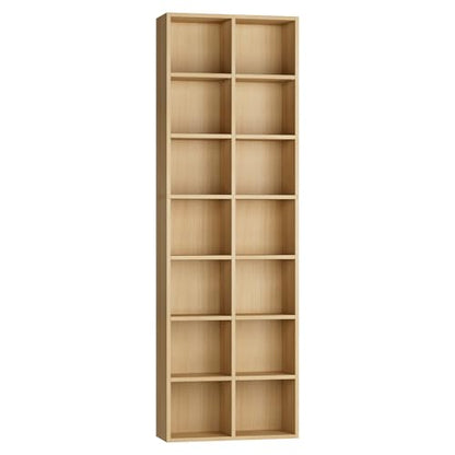 FOTOSOK 71'' Tall Bookshelf with 14 Cubes, 7 Tier Double Wide Wood Bookshelf with 6 Adjustable Shelves, 19.6" Narrow Bookcase DVD/CD Media Storage, Space Saving Display Shelf Cabinet, Natural - color: Natural