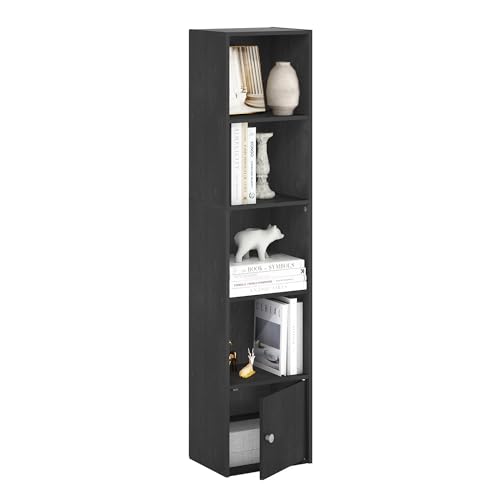 Furinno LUDER Book Shelf, 5-Tier Modern Bookshelf, Bookcase with 1 Door Storage Cabinet, 9.3 x 12 x 52, for Organization and Storage, for Living Room, Bedroom, Home Office, Blackwood - color: Blackwood, size: 5-Cube with Cabinet
