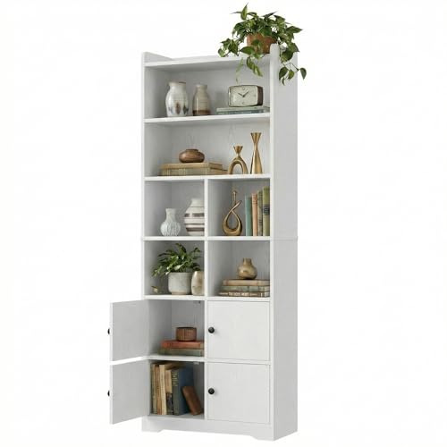 IRONCK Bookshelf with Doors, Book Shelf with Storage Shelves, 74.6 in Tall Bookcase for Home Office, Living Room, Bedroom, White - color: White