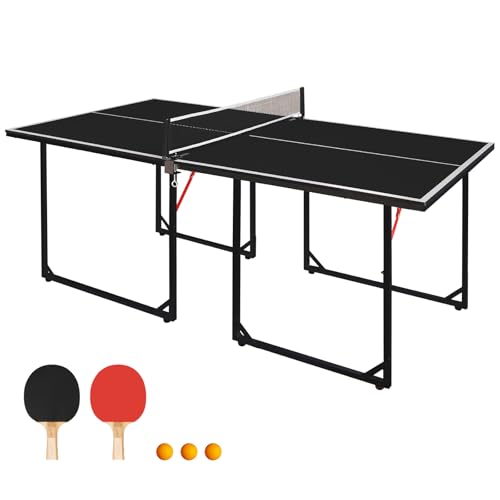 Ping Pong Table Foldable Table Tennis Table with Net, Table Tennis Paddles and Balls, 4.5FT/6FT/9FT MDF Multi-Use Family Game Table for Kid Teenager Adult, Compact & Portable - color: 6FT-Black Table/72''x36'', size: 6FT/72''x36''