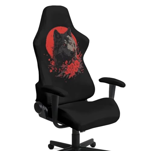 Wolf Flower Print Game Chair Cover with Armrest Covers Soft Comfy Elastic Computer & Gaming Chair Slipcover Dust-Proof Washable Rotating Chairs Protector - color: Black and Red - Wolf Flower