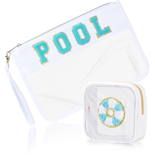BuyCard 2 Pcs Pool Bag Cosmetic Makeup Bag with Chenille Letter Patch, Clear Pouch PVC Organizer Purse, Waterproof Travel Beach Bag, Portable Toiletry Storage Bag - color: POOL-White