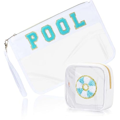 BuyCard 2 Pcs Pool Bag Cosmetic Makeup Bag with Chenille Letter Patch, Clear Pouch PVC Organizer Purse, Waterproof Travel Beach Bag, Portable Toiletry Storage Bag - color: POOL-White