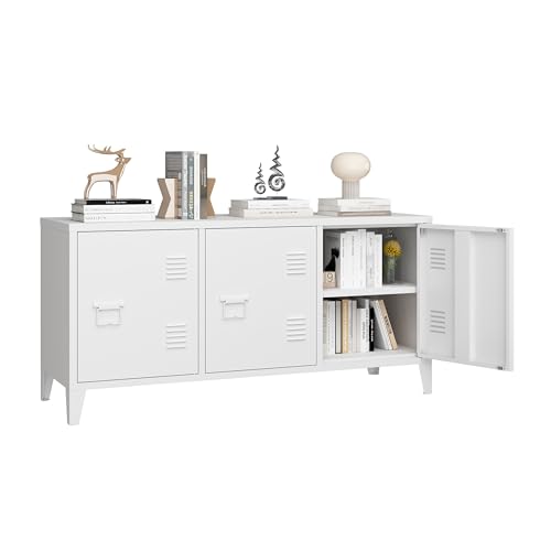 MIOCASA TV Stand 3 Door Metal Storage Locker Cabinet with Shelves for Living Room, Bedroom，Office(White) - color: White-1