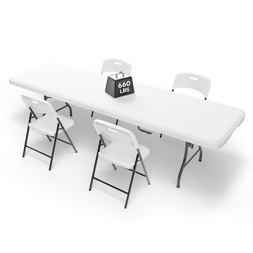 8FT Folding Table Set with 4 Chairs – Heavy-Duty 660 lb Table & 600 lb Chairs, Portable Foldable Furniture Set for Camping, Parties, Indoor & Outdoor Use - color: White Table & Chairs, size: 8ft, style: 4 chairs