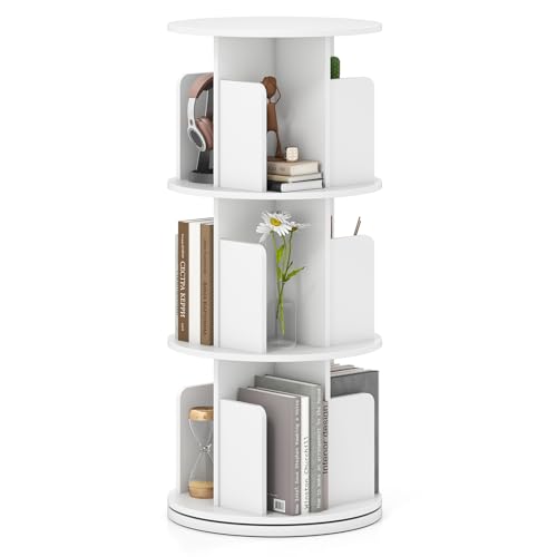 Giantex 3-Tier Rotating Bookshelf, 360° Display Rack w/Dividers & Anti-Falling Baffles, Multifunctional Narrow Floor Standing Bookcase, Book Storage Organizer for Living Room Bedroom, White - color: White, size: 3-Tier
