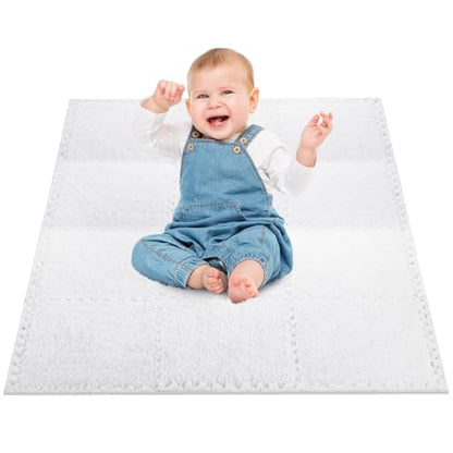 12 pcs Thickened Plush Foam Interlocking Floor Mat, Interlocking Foam Tiles with Edgings for Baby, Soft Anti-Slip Puzzle Area Square Rug Playmat for Children Room Bedroom(11.8", White) - color: White