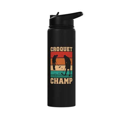 Croquet Champ Retro Funny Lawn Game Player Quote Stainless Steel Insulated Water Bottle - color: Black