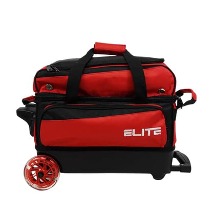 ELITE Deluxe 2 Ball Bowling Bag with 5" Smooth Wheels - Large Accessory Pocket, Shoe Compartment, 36" Extendable Handle - color: Red