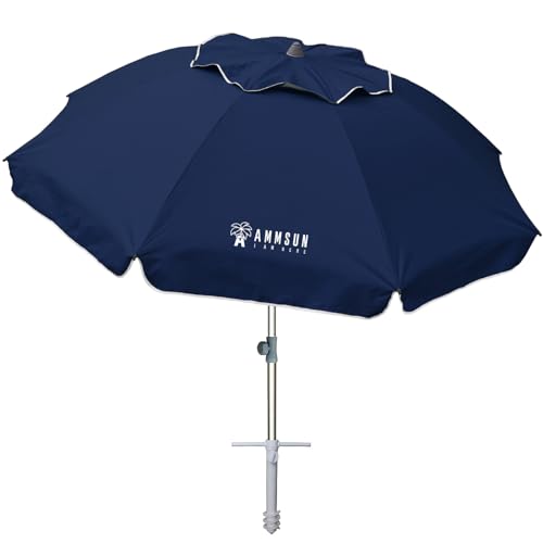 AMMSUN 7ft Beach Umbrella with Sand Anchor Sand Screw, Tilt, Windproof, Sun Protection,UPF 50+ Silver Coating Inside and Telescoping Pole for Outdoor Patio (Solid Navy) - color: Solid Navy