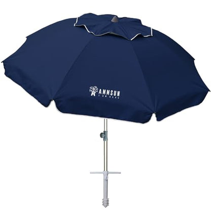 AMMSUN 7ft Beach Umbrella with Sand Anchor Sand Screw, Tilt, Windproof, Sun Protection,UPF 50+ Silver Coating Inside and Telescoping Pole for Outdoor Patio (Solid Navy) - color: Solid Navy
