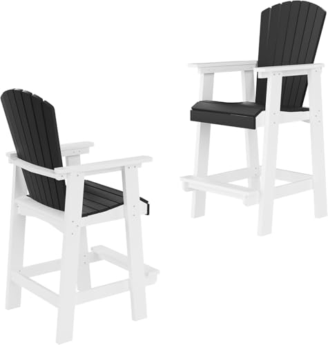 Outdoor Tall Adirondack Chairs Set of 2, Patio Bar Stool Chair with High Back, Widened Arms, All-Weather Balcony Chair for Backyard, Garden, Yard (White & Grey) - color: Tall Adirondack Chair Set of 2