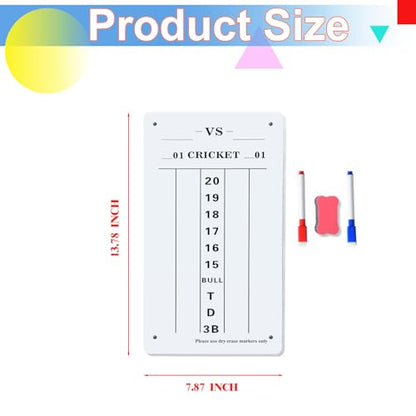Hard Board Dry Erase Dart Scoreboard with Tempered Protective Film, 7.87x13.78 Inch Cricket & 01 Game Scoring Board with Markers & Eraser for Home, Game Room, Bar and Outdoor Use
