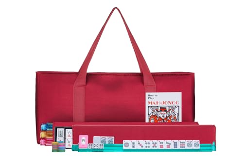 American Mahjong Set – Complete Set with Quilted PU Leather Carrying Bag, Tile Racks with Pushers, 166 Engraved Tiles, Dice, Bettor, and Instructions (Red) - color: Red