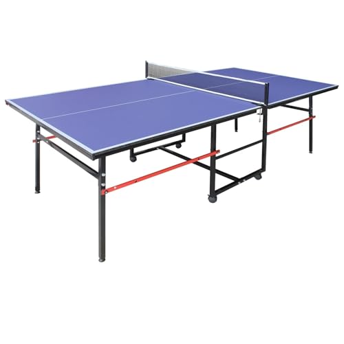 Professional Outdoor Table Tennis Table, 9Ft Full Size Folding Portable Ping Pong Tables with Net for Outdoor/Indoor, Single Player Playback Mode, 10 Minute Quick Assembly, Blue - size: 8FT