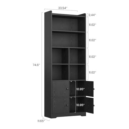 IRONCK Bookshelf with Doors, Book Shelf with Storage Shelves, 74.6 in Tall Bookcase for Home Office, Living Room, Bedroom, Black - color: Black