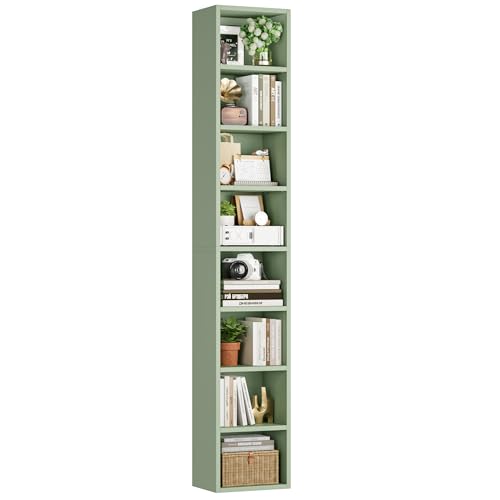 FOTOSOK 8-Tier Media Tower Rack, 11.6 X 9.3 X 70.9 Inches CD DVD Slim Storage Cabinet with Adjustable Shelves, Tall Narrow Bookcase Display Bookshelf for Home Office, Green - color: Green