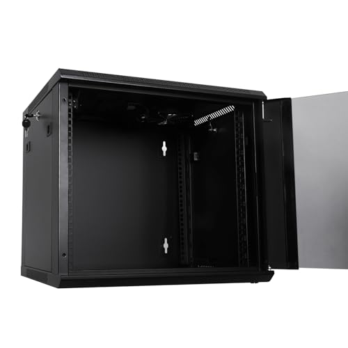 RackPath 9U Wall Mount Network Rack Cabinet – Quiet Cooling Fan, Locking Glass Door, 17.7" Deep (450mm), Removable Locking Side Panels, Fits 19" IT & A/V Equipment - size: 9U