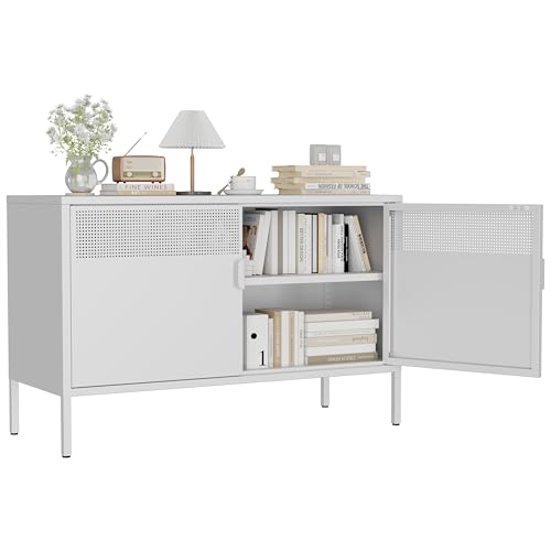 White Metal Storage Cabinet with 2 Magnetic Doors and Shelves, 2-Tier Low Metal Locker Accent Storage Cabinet with Vent Hole & Legs, TV Stand for Home Office, Entryway & Living Room - color: White, size: 25"H - Ventilated Doors