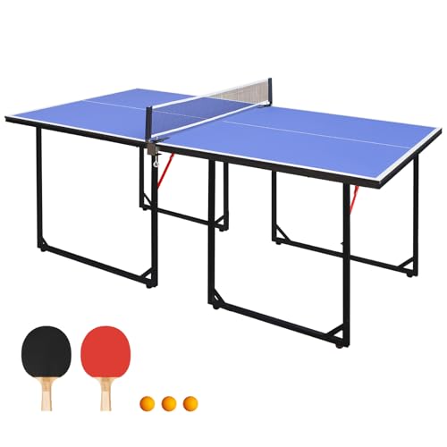 Ping Pong Table Foldable Table Tennis Table with Net, Table Tennis Paddles and Balls, 4.5FT/6FT/9FT MDF Multi-Use Family Game Table for Kid Teenager Adult, Compact & Portable - color: 6FT-Blue Table/72''x36'', size: 6FT/72''x36''
