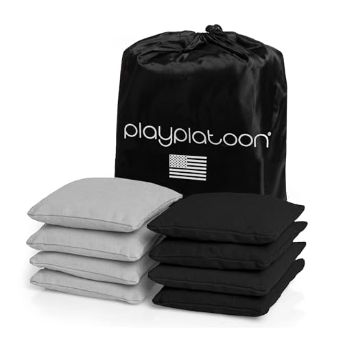 Play Platoon Cornhole Bags Weather Resistant- Set of 8 Regulation Bean Bags for Tossing- Official Professional Size & Weight Corn Hole Bags Two Color All Weather Cornhole Beans Bag Set with Tote Bag - color: Silver & Black