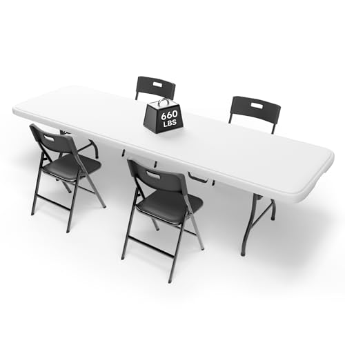 8FT Folding Table Set with 4 Chairs – Heavy-Duty 660 lb Table & 330 lb Chairs, Portable Folding Furniture Bundle for Camping, Parties, Indoor & Outdoor Use - color: White Table & Black Chairs, size: 8ft, style: 4 chairs