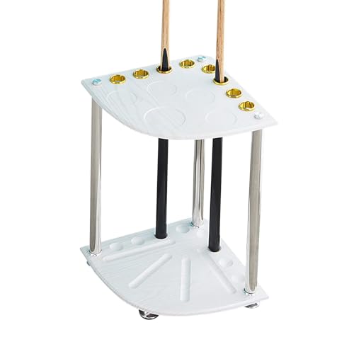 8-Cue Pool Rack Floor Stand – Wooden Freestanding Billiard Stick Holder with Ball & Drink Storage, White/Walnut/Black