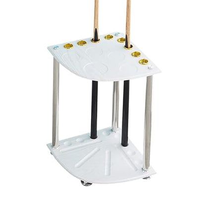 8-Cue Pool Rack Floor Stand – Wooden Freestanding Billiard Stick Holder with Ball & Drink Storage, White/Walnut/Black