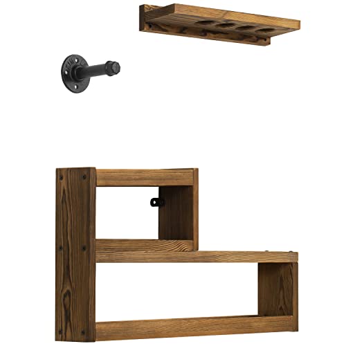 MyGift Pool Cue Rack Set, Rustic Burnt Solid Wood Billiards Cue Stand Wall Mount Holder, Ball Storage with Industrial Pipe Triangle Rack Hanging Hook