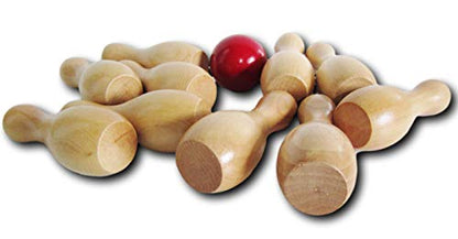 Wooden Shuffleboard Bowling Pin Set with Red Ball – 10-Piece Mini Bowling Pins, Solid Wood Tabletop Game Accessory, 3.8" Tall Pins for Adults and Teens