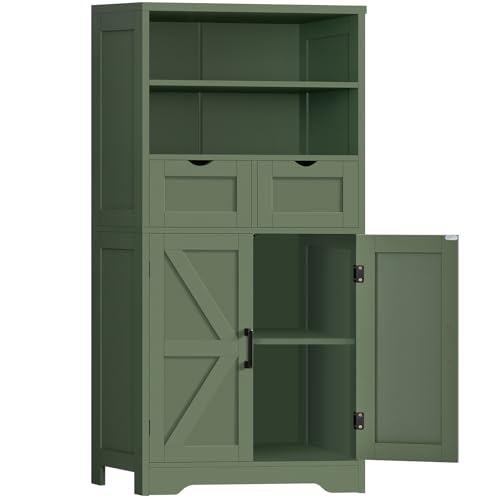 TEENFON Bathroom Cabinet with Adjustable Shelf & 2 Drawers, Farmhouse Storage Cabinet with 2 Doors, Kitchen Storage Cabinets for Living Room, Entryway, Home Office, Forest Green - color: Forest Green