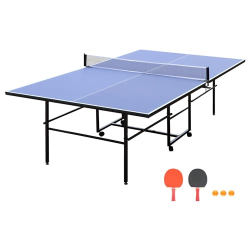 KEIKI Foldable 8FT/8.5FT/9FT Ping Pong Table Set, Portable Indoor Table Tennis Table with 0.2'' Durable MDF Top, Quick Game Mesa de Ping Pong para Adultos with Net, 2 Paddles & 3 Balls - color: Blue, size: 9FT